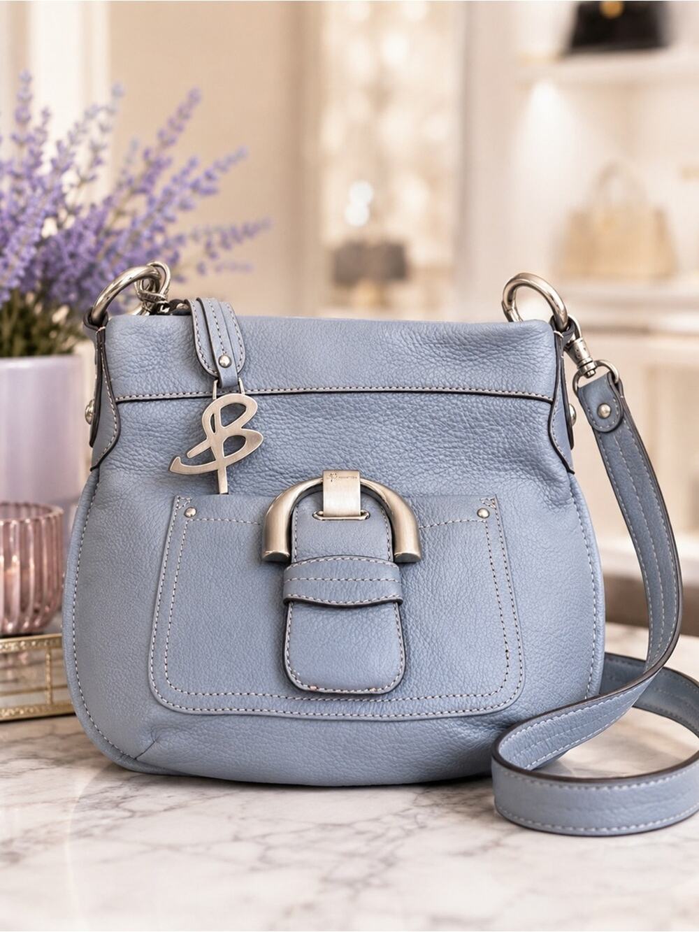 B Makowsky Blue Gray Leather Crossbody Bag Shoulder Purse